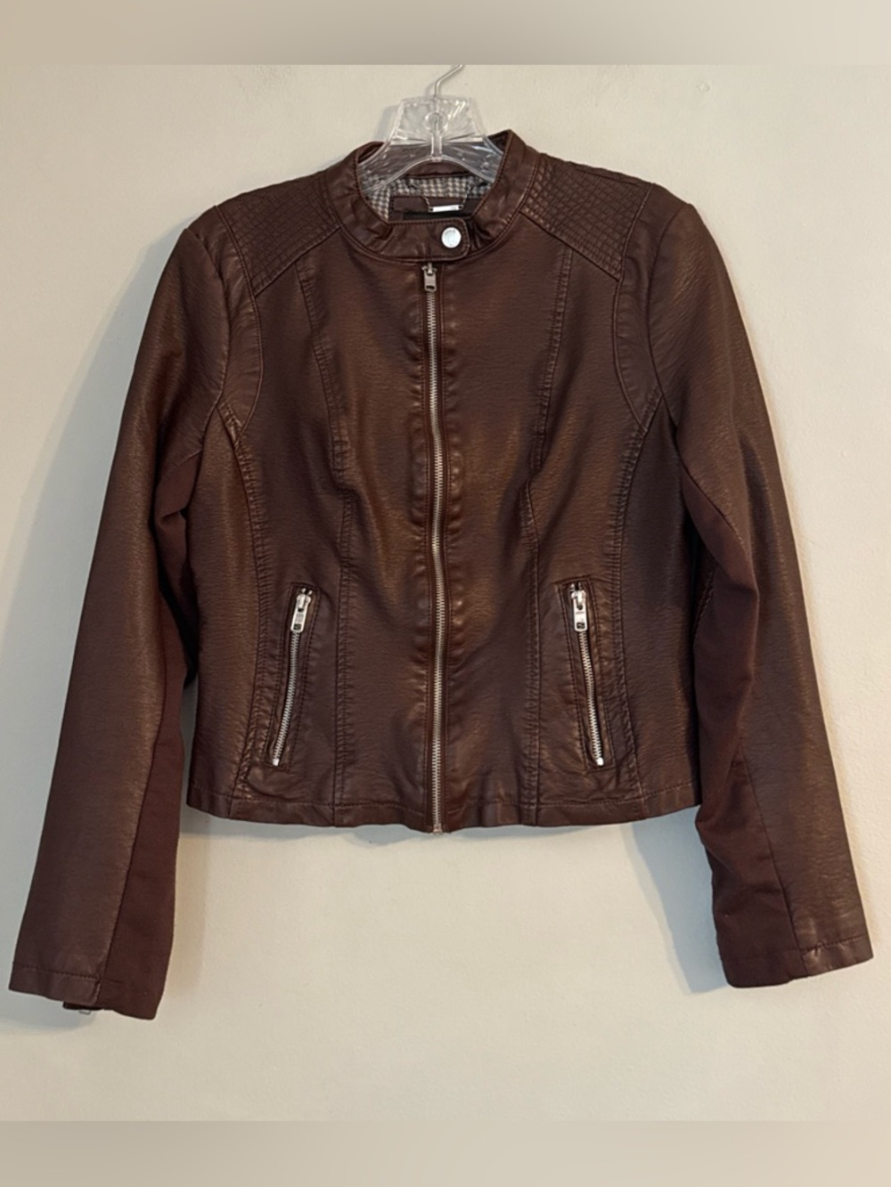 Black Rivet Brown Faux Leather Moto Jacket Women’s Size S Moto Style